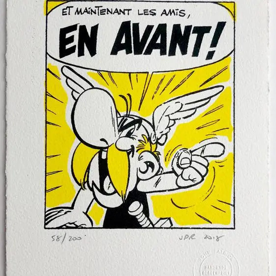 Handmade Asterix's battle cry: "En Avant" Print on cotton paper, signed and numbered by the printer, showcasing iconic comic art.