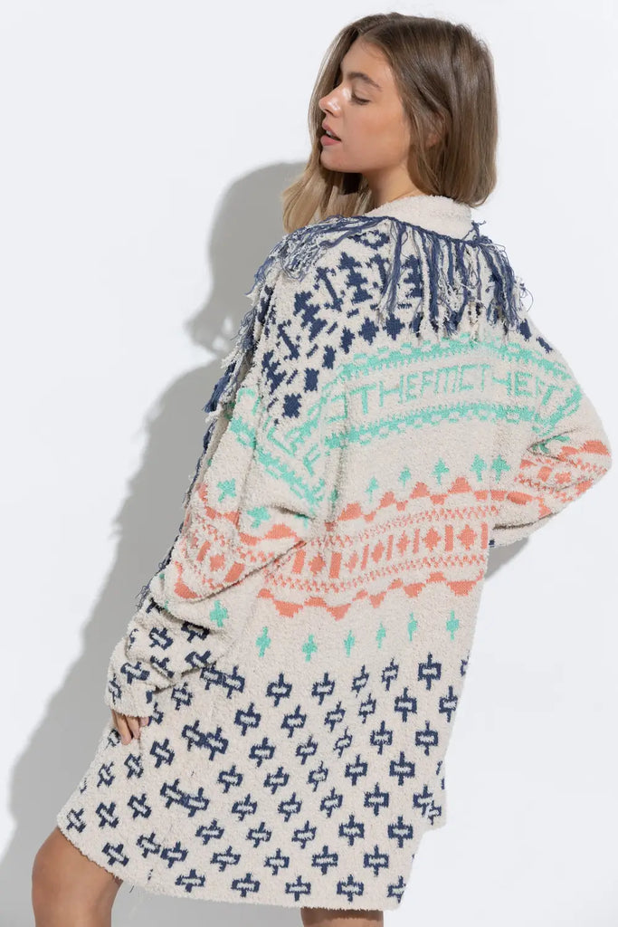 Cozy Aztec Cardigan, featuring a traditional design, crafted from soft, warm fabric for comfort and style.