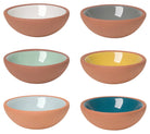 Set of six terracotta pinch bowls with contrasting glossy interiors in soft pastels and rich hues, perfect for holding spices, salt, or nuts.