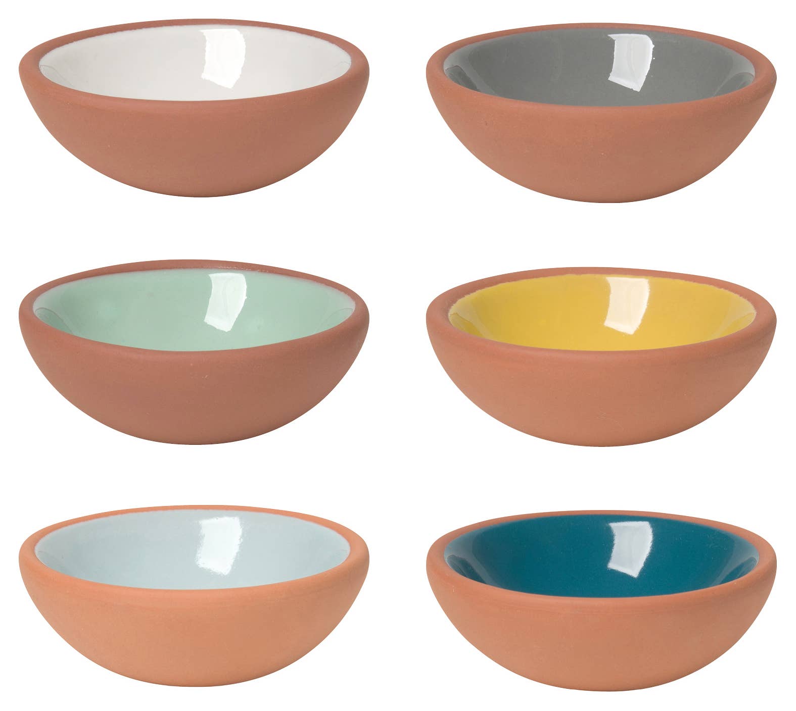Set of six terracotta pinch bowls with contrasting glossy interiors in soft pastels and rich hues, perfect for holding spices, salt, or nuts.