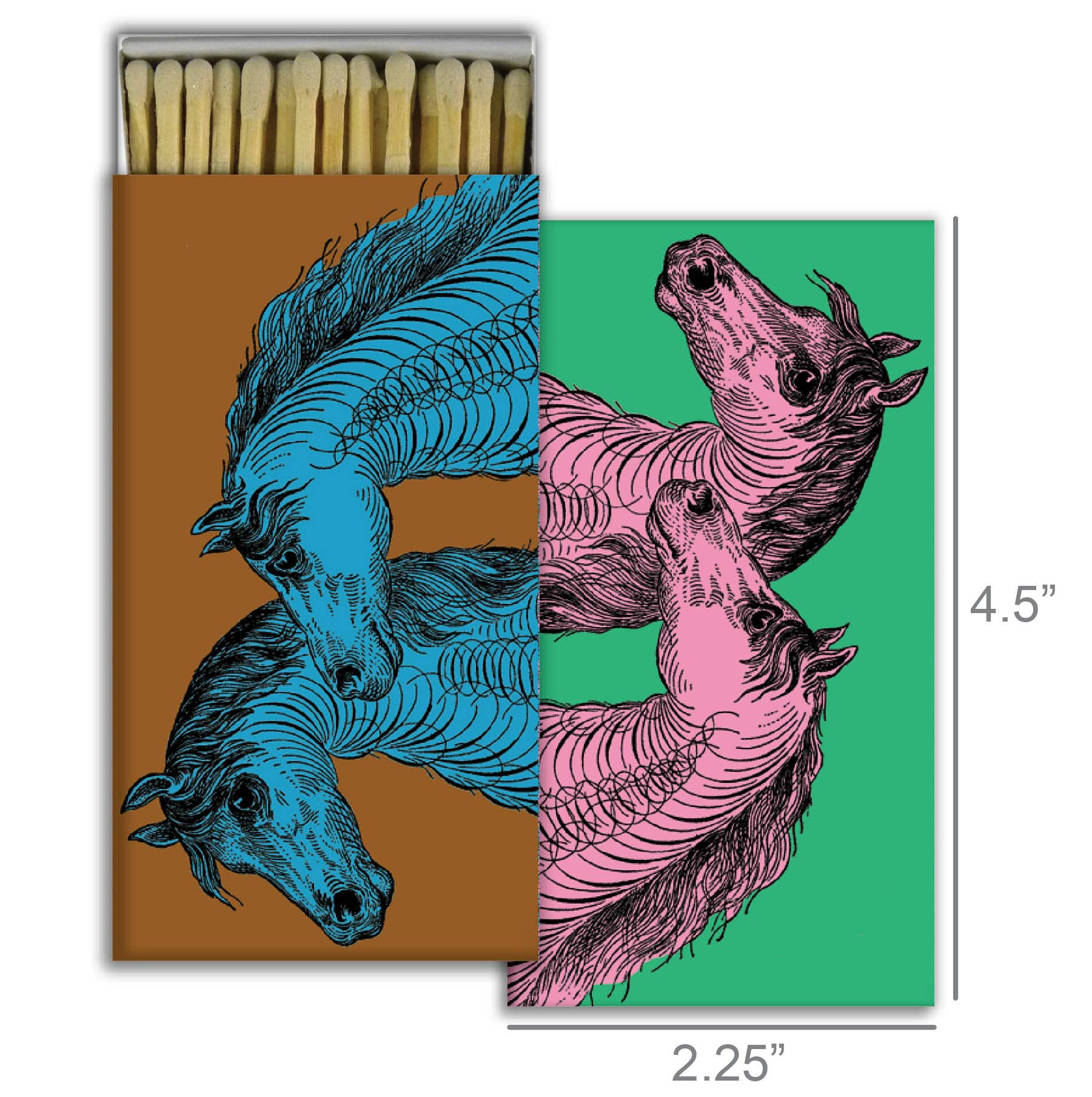 Matchbox with artistic horse illustrations in blue, brown, pink, and green color contrasts.