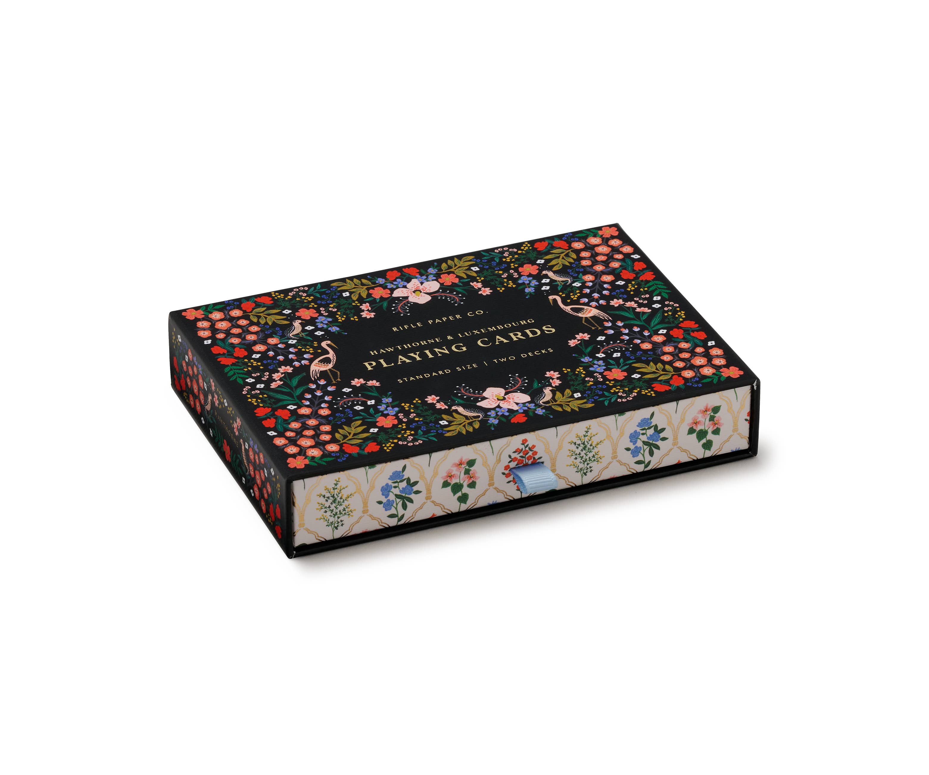 Playing card set with two floral-designed decks and gold accents in a decorative keepsake box.