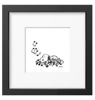 Framed black-and-white print of a relaxed dog resting on musical notes, perfect for music lovers and cozy home decor.