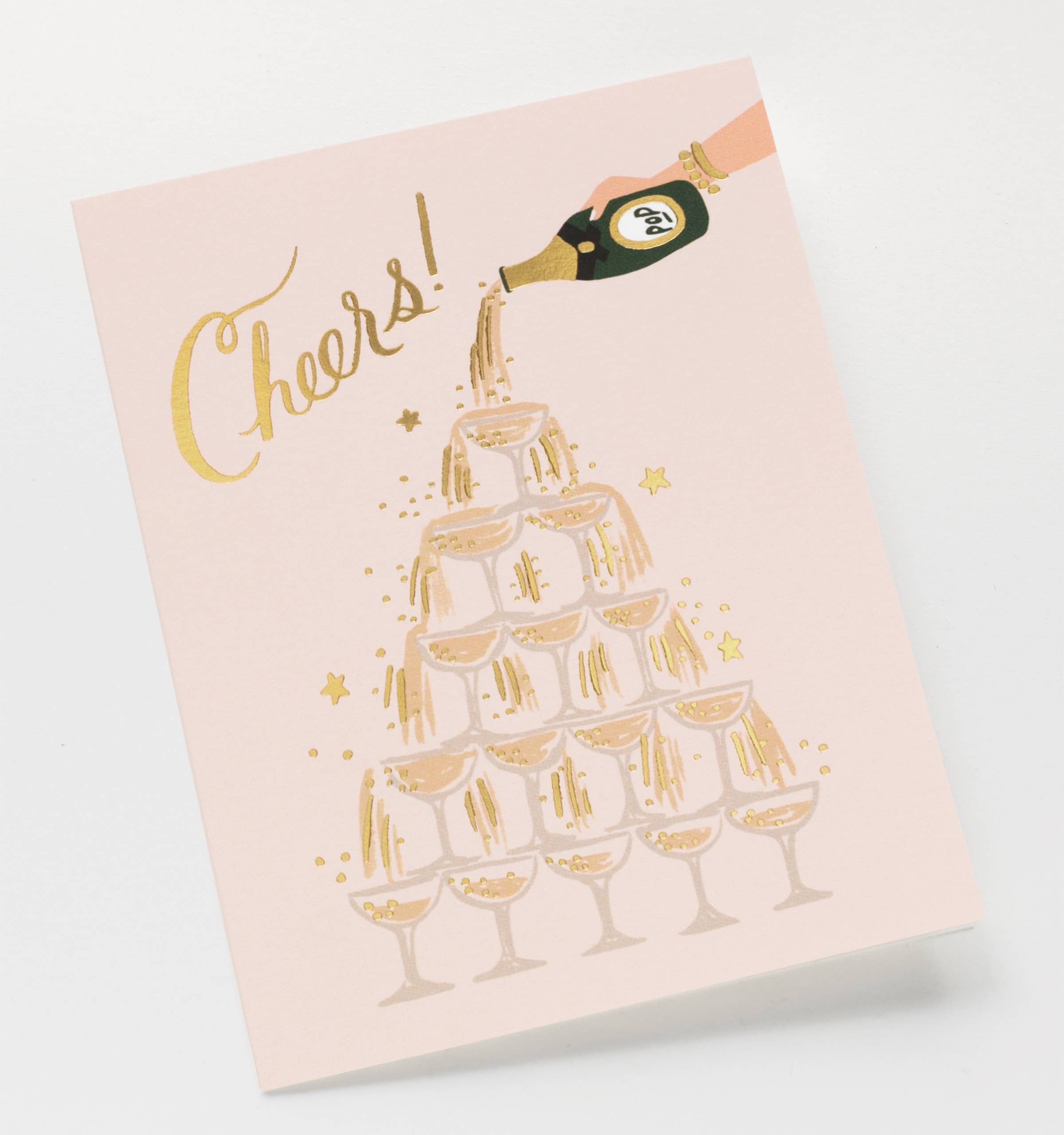 A celebratory card with a champagne tower illustration, gold accents, and the word "Cheers!" in elegant script.