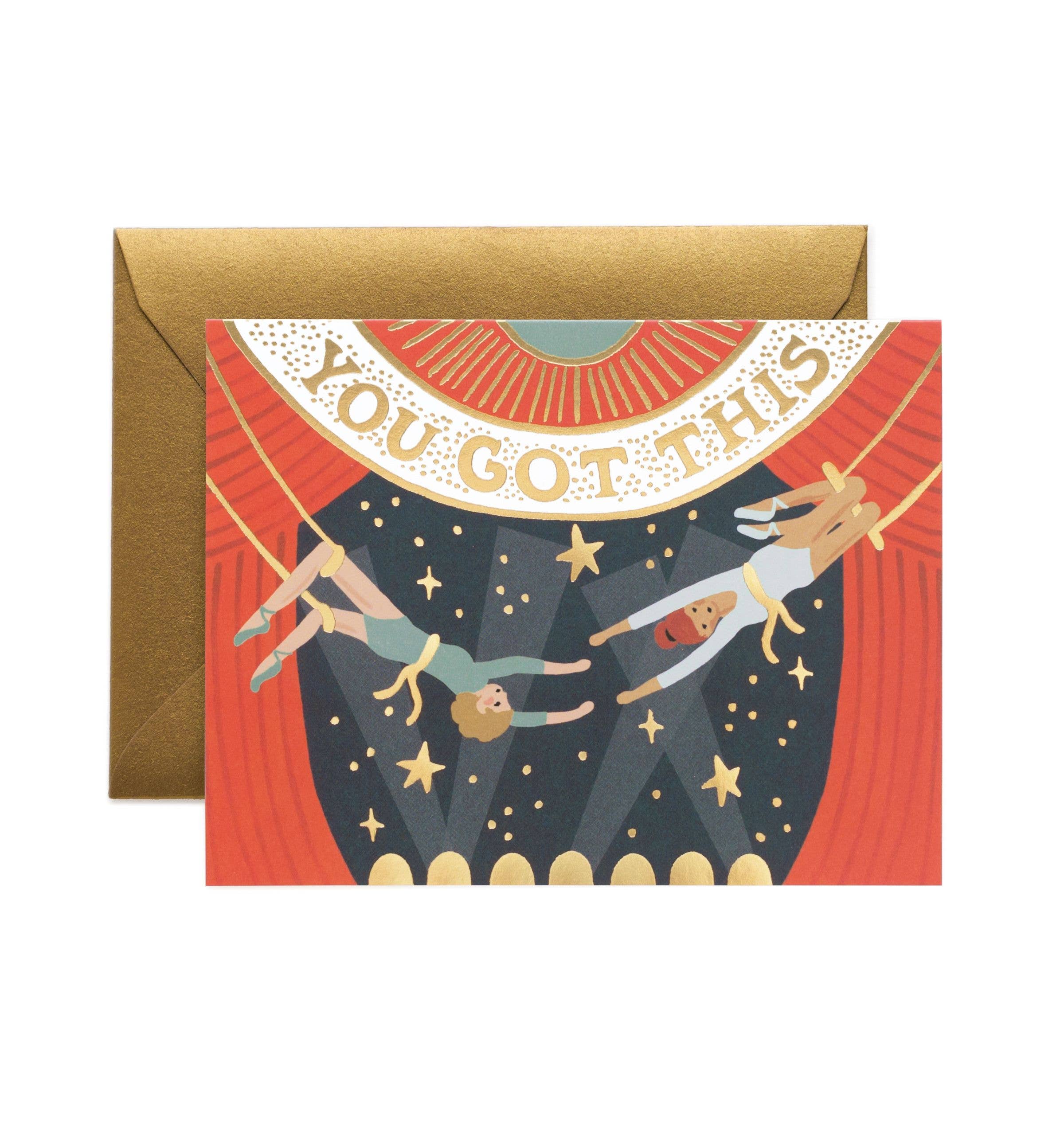 "You Got This" greeting card with a circus trapeze theme, gold foil lettering, and a matching gold envelope.