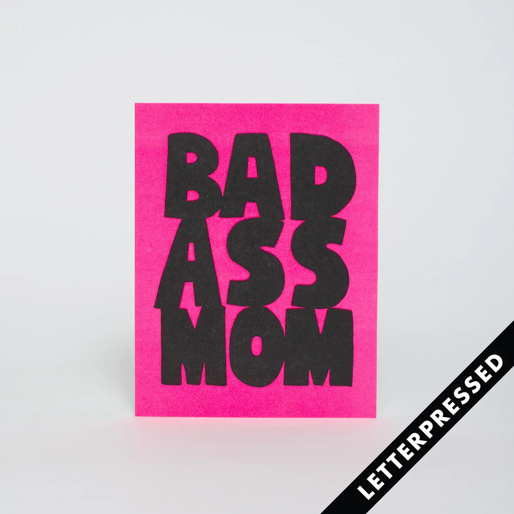 Image of the 'Bad Ass Mom Card', showcasing its dynamic design and the lighthearted appreciation message for moms.