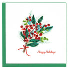 Holiday card with a festive berry and leaf design and 'Happy Holidays' text.