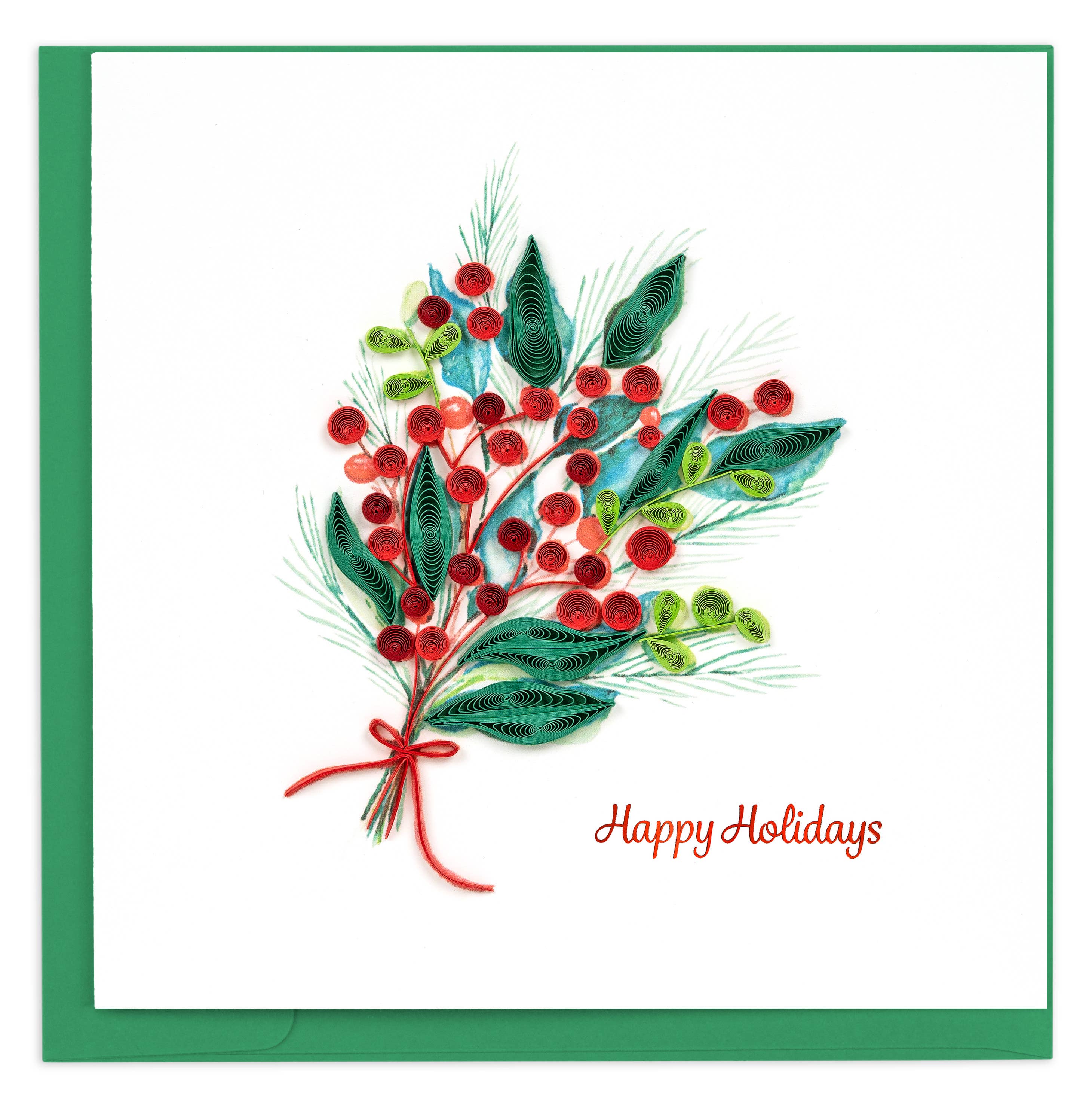 Holiday card with a festive berry and leaf design and 'Happy Holidays' text.