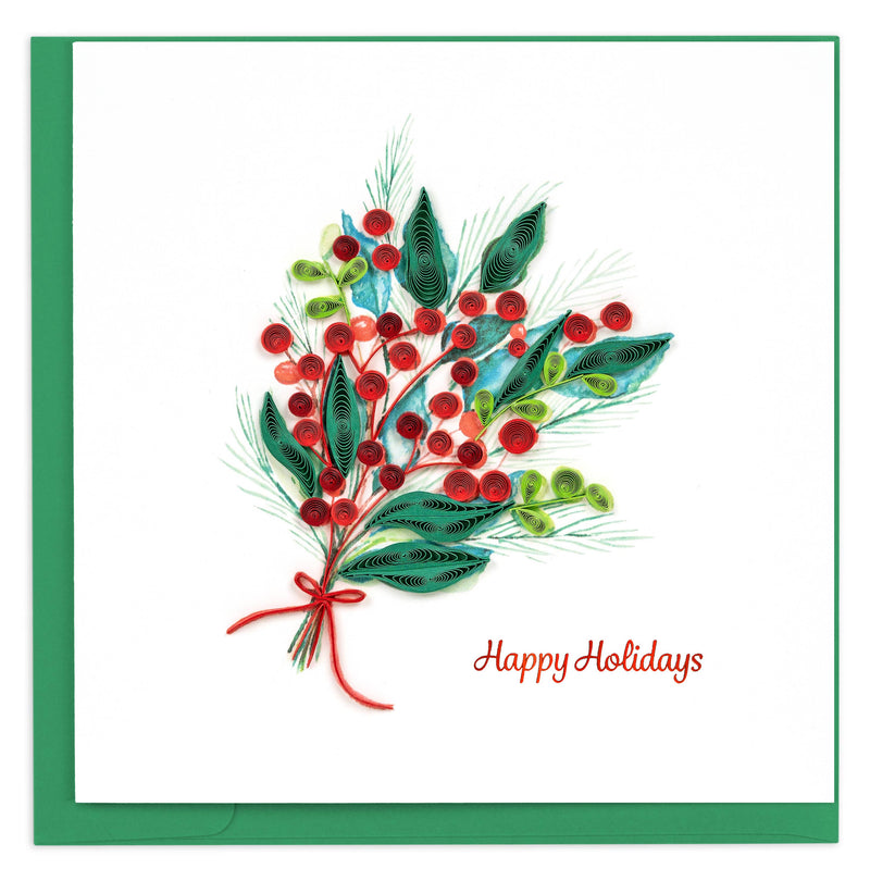 Holiday card with a festive berry and leaf design and 'Happy Holidays' text.