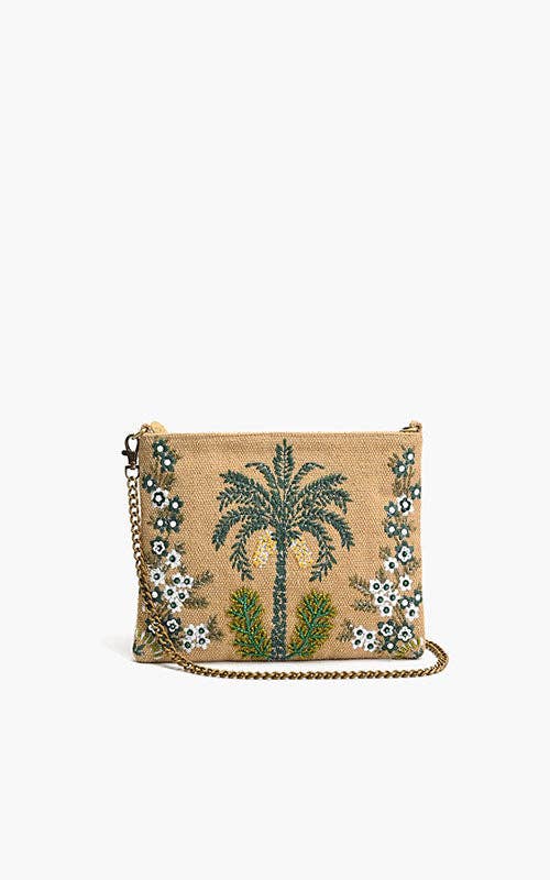 Jute clutch with embroidered palm tree and white flower beadwork, featuring a gold chain shoulder strap.