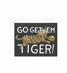"Go Get 'Em Tiger" greeting card with a leaping illustrated tiger and bold typography, paired with a white envelope.