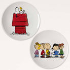 Set of two Peanuts-themed plates: one featuring Snoopy and Woodstock on a red doghouse, the other with Charlie Brown and the Peanuts gang standing together.