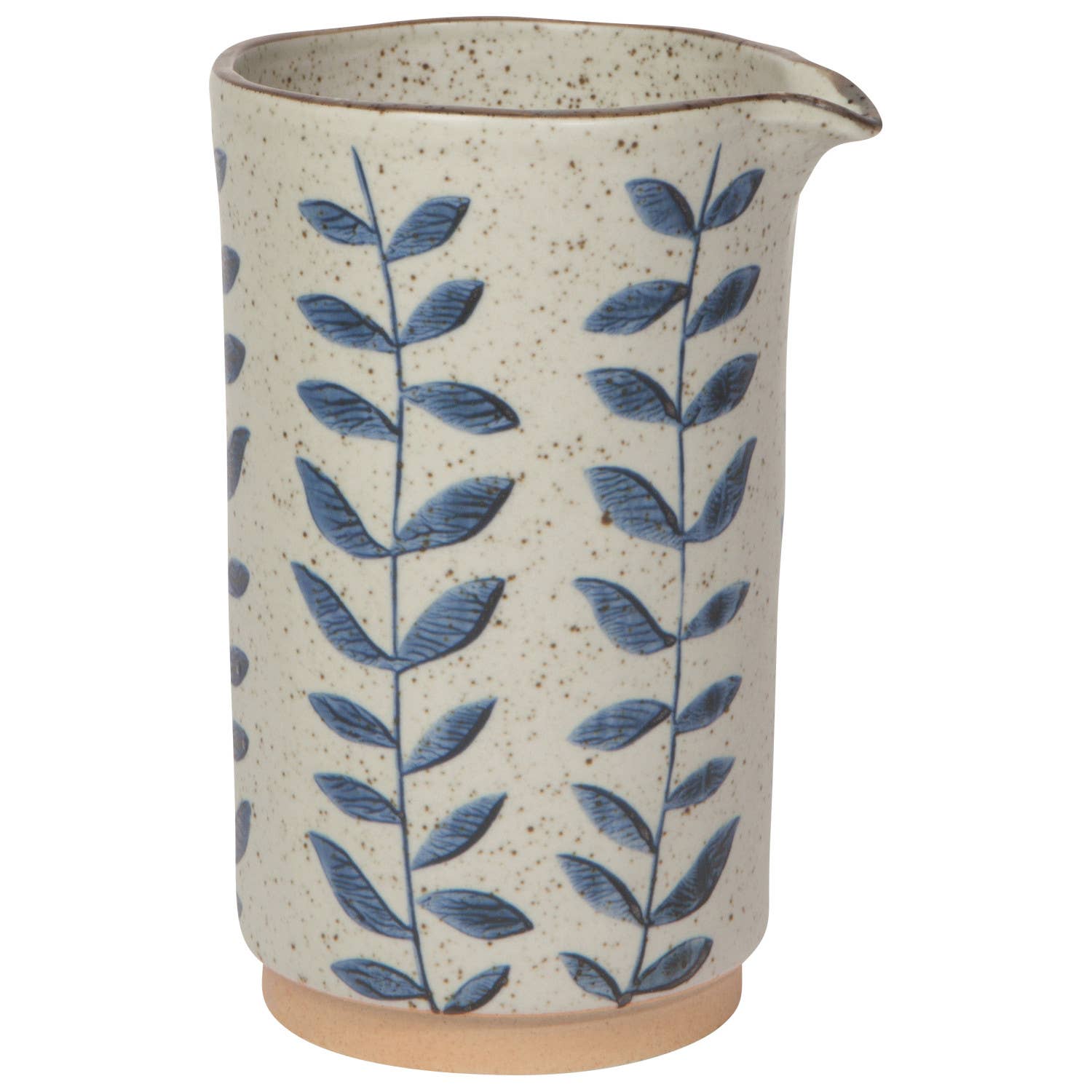 Handcrafted ceramic pitcher with a speckled glaze and blue leaf pattern, ideal for serving drinks or as a decorative vase.