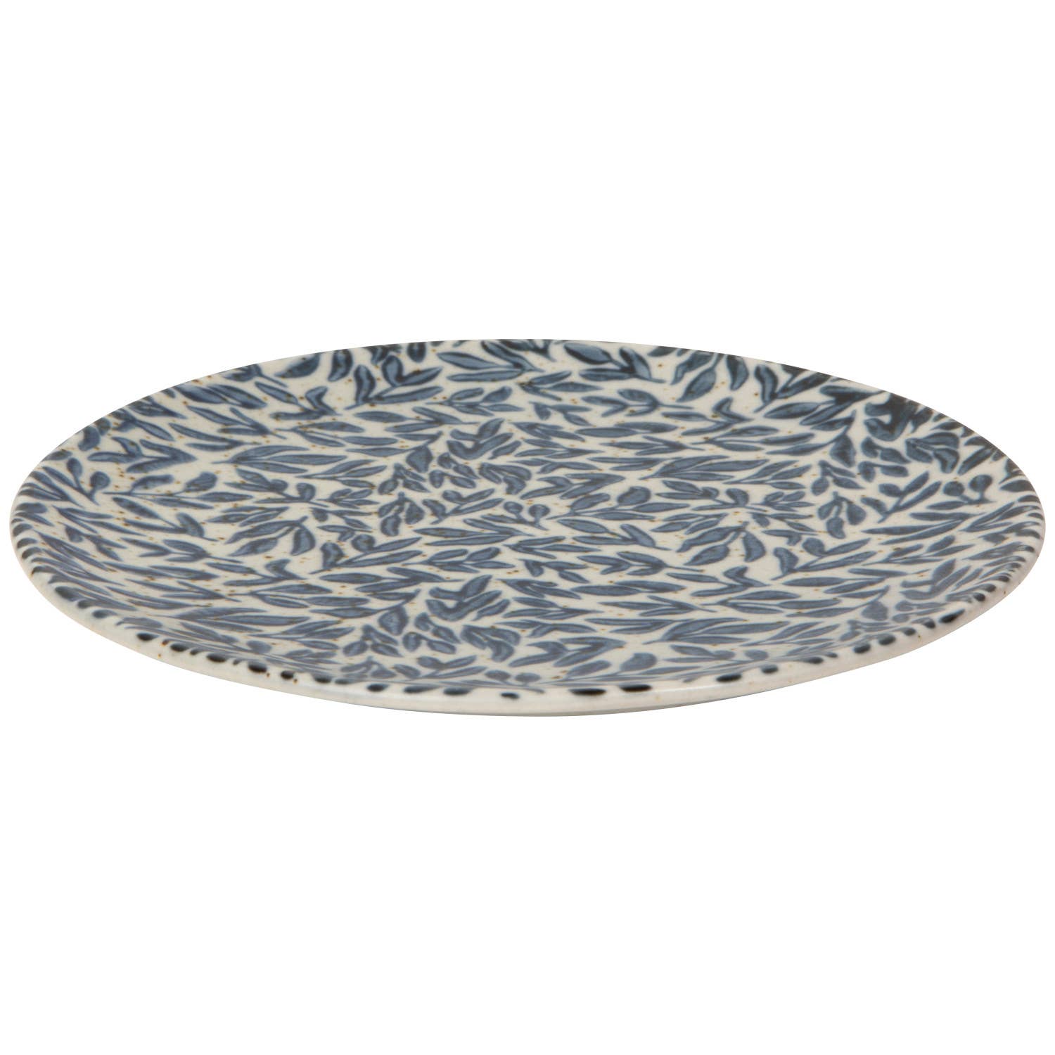 Round ceramic plate with blue leaf pattern on a white background