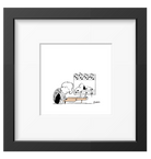 Framed print of a playful dog and a young pianist playing music together, with a simple black-and-white design and musical notes.