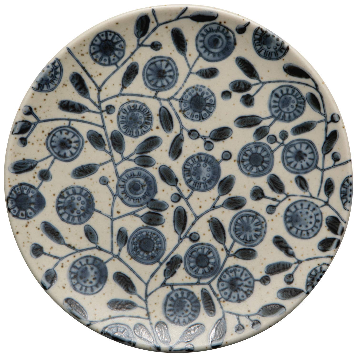 Ceramic plate with blue floral pattern on a beige background