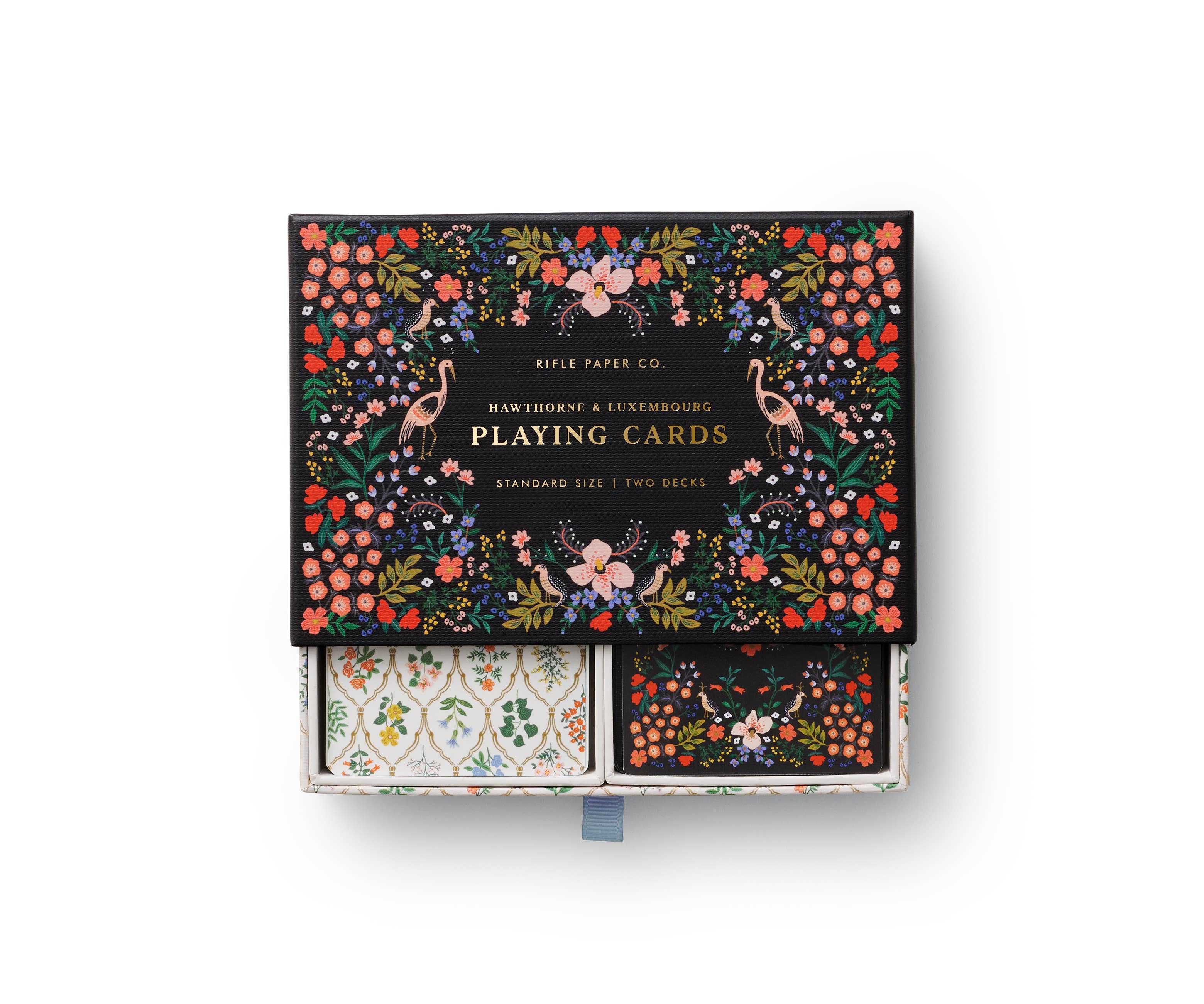 Playing card set with two floral-designed decks and gold accents in a decorative keepsake box.