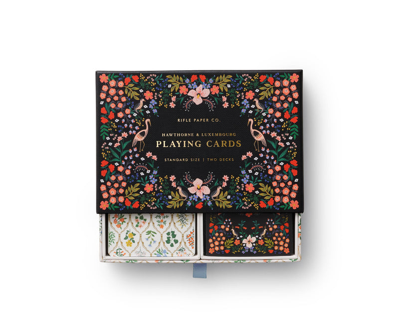 Playing card set with two floral-designed decks and gold accents in a decorative keepsake box.