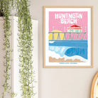 Artistic print depicting Huntington Beach's signature waves and pier, a nod to the surf city's enduring allure.
