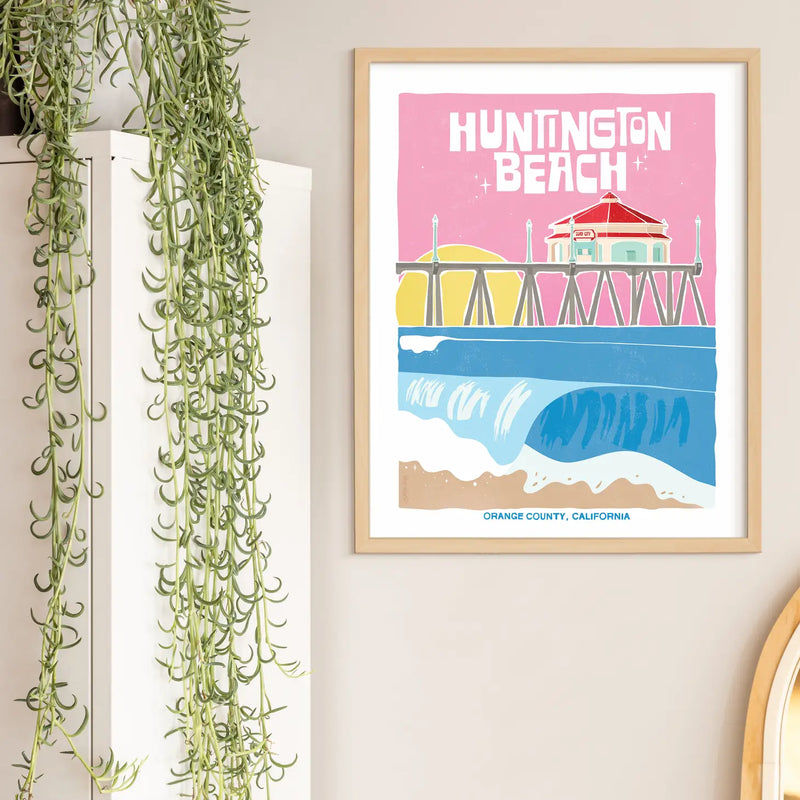 Artistic print depicting Huntington Beach's signature waves and pier, a nod to the surf city's enduring allure.