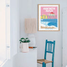 Artistic print depicting Huntington Beach's signature waves and pier, a nod to the surf city's enduring allure.