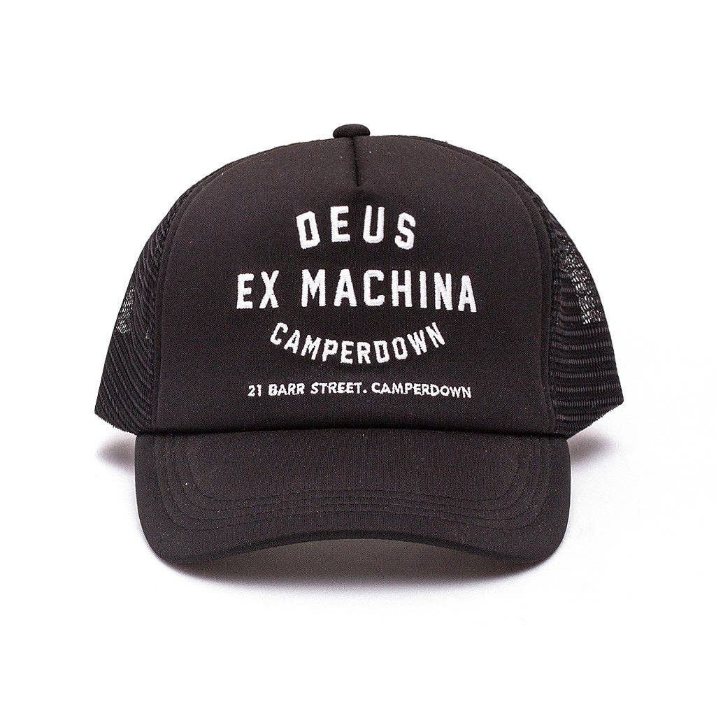 Black cap with white text on a white background