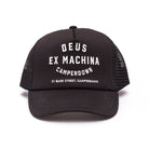 Black cap with white text on a white background