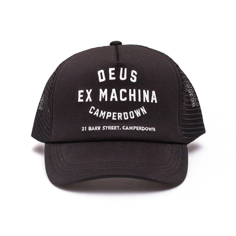 Black cap with white text on a white background