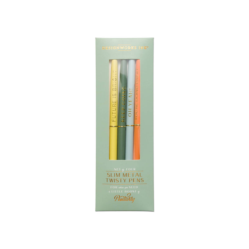 "Positivity" slim metal pen set of four in assorted bright colors, each featuring an inspirational message, packaged in a mint green box.