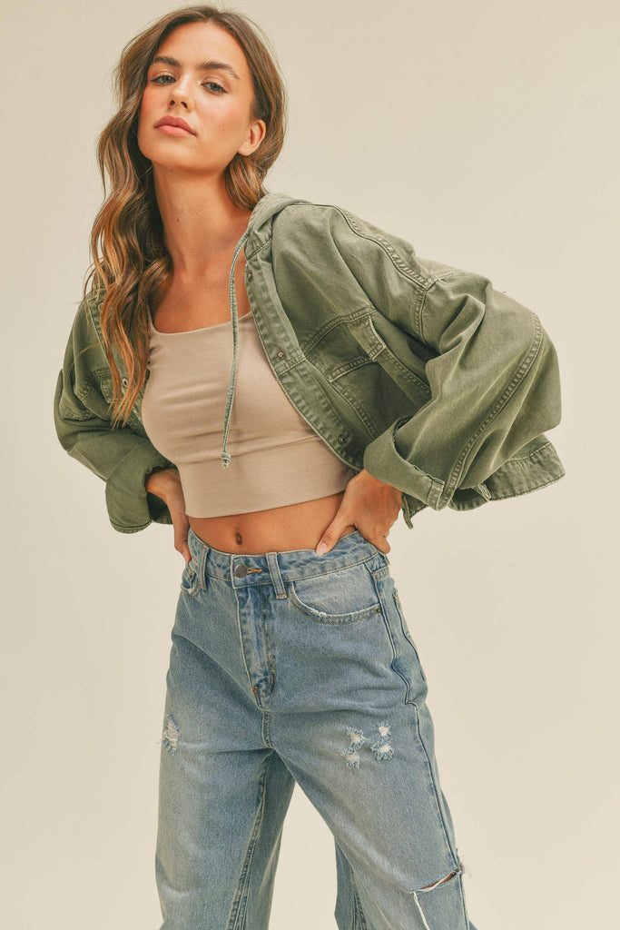 Grace Cotton Jacket with Hoodie in Olive Medium - Stylish and comfortable cotton jacket with hoodie.