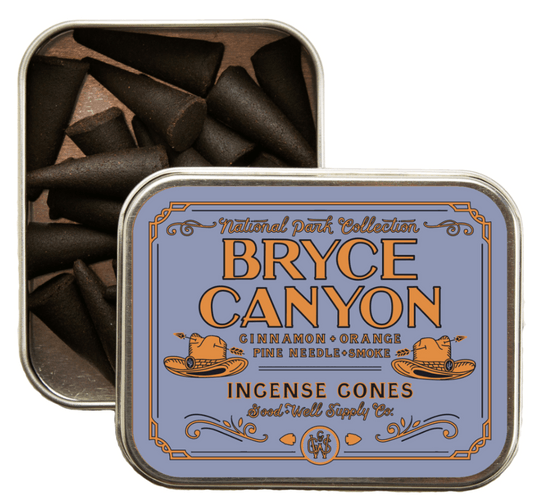 Bryce Canyon Incense sticks posed against the iconic red-rock spires of Bryce Canyon National Park, epitomizing its fresh, woodsy aroma.