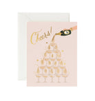 A celebratory card with a champagne tower illustration, gold accents, and the word "Cheers!" in elegant script.