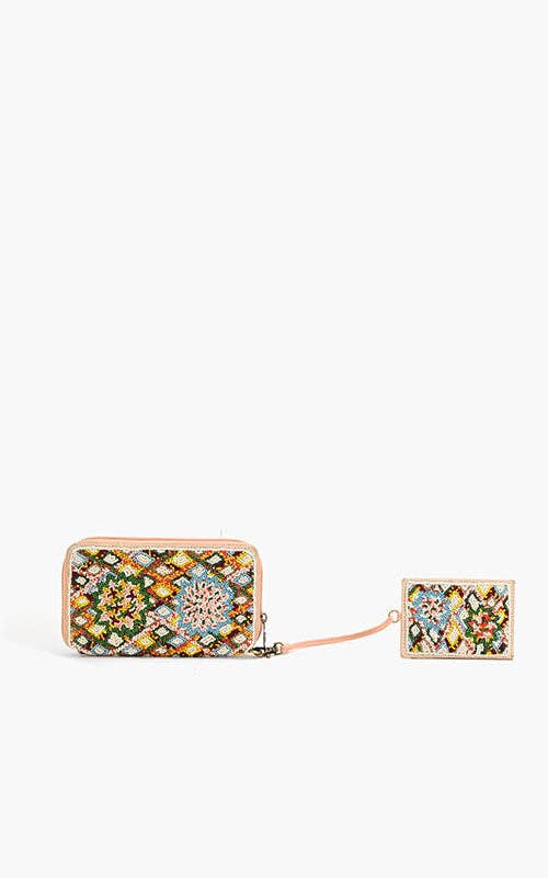 Beaded wallet and card holder set with colorful geometric and floral patterns in earthy and pastel tones.