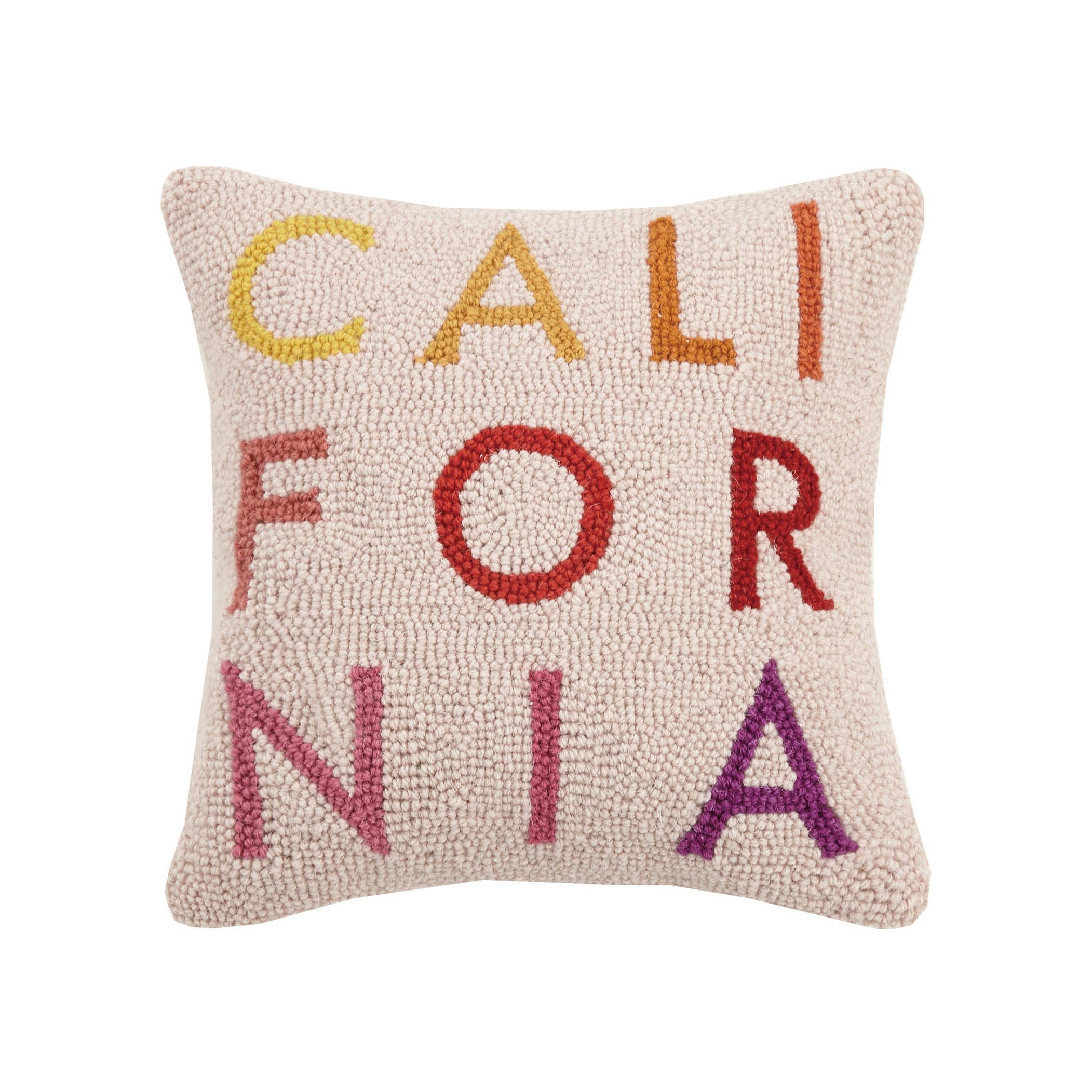 Square ivory hook pillow with multicolor block letters spelling "California" in a vertical layout.