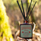 Hawai‘i Volcanoes reed diffuser with amber bottle and black reeds by Good & Well Supply Co., featuring wild fig, ginger, and citrus.