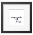 Framed artwork of Snoopy carrying a surfboard, ideal decor for Peanuts fans and beach lovers.