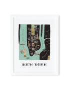 Framed New York City map print with hand-drawn landmarks, neighborhoods, and waterways in a vintage-inspired artistic style.