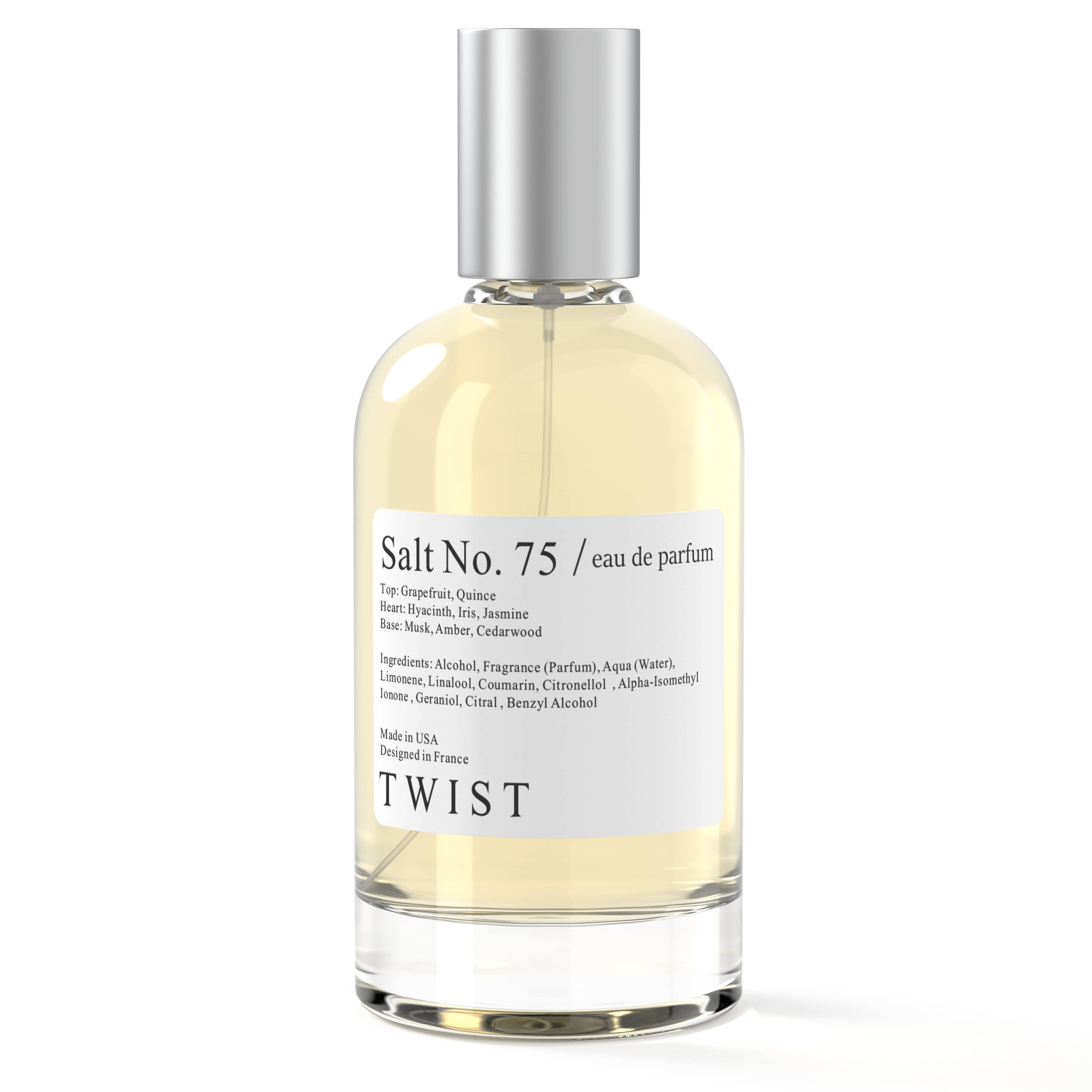 Bottle of Salt No. 75 Eau De Parfum, featuring a unique blend of woody, musky, and salty notes with hints of sage and grapefruit.