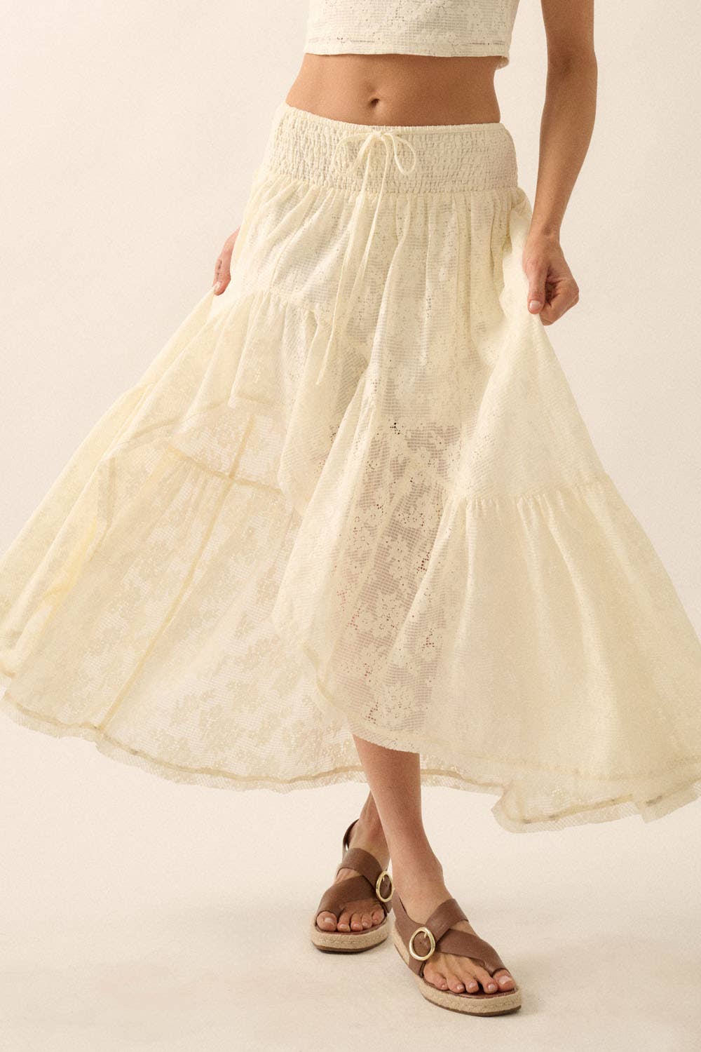 Floral Lace High-Low Ruffled Maxi Skirt