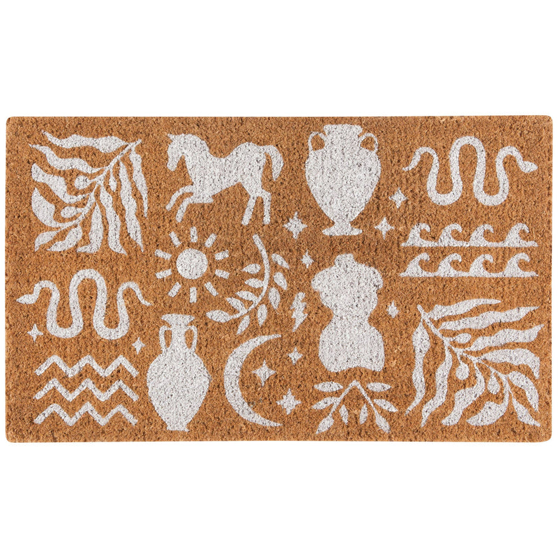 Olympus Imprint Coir Doormat featuring classical Greek-inspired motifs on a natural coir background.