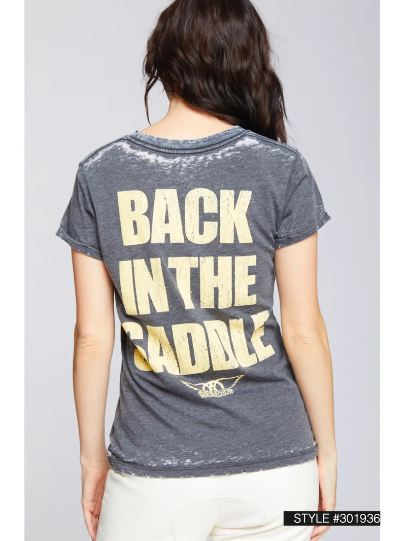Aerosmith "Back In The Saddle" Burnout Tee - Vintage burnout design with iconic graphics. Perfect for rock enthusiasts. Elevate your style with this homage to the legendary band.