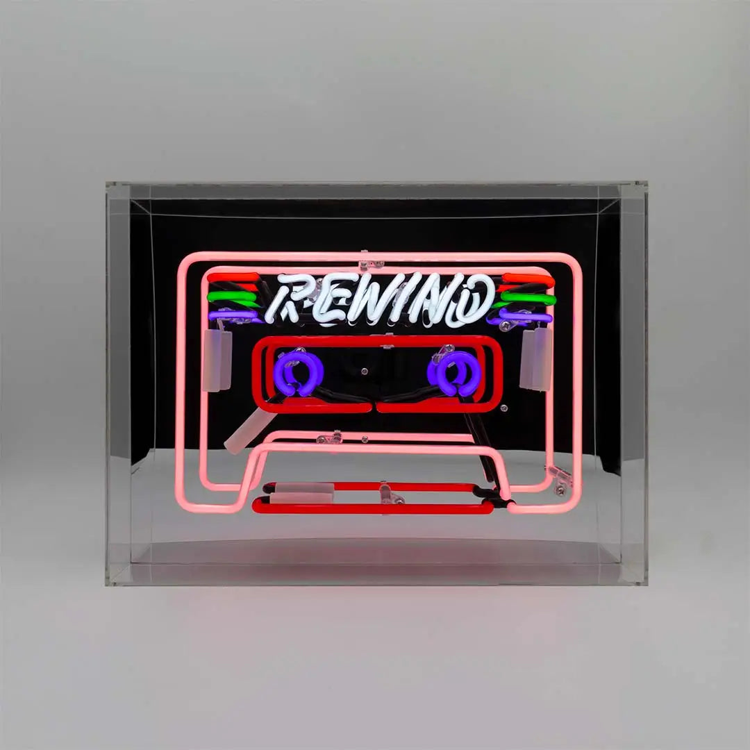 Vibrant Neon 'Cassette' Light in shades of blue, red, green, and pink, encased in a glossy acrylic box with a mirror back, making a striking retro statement.