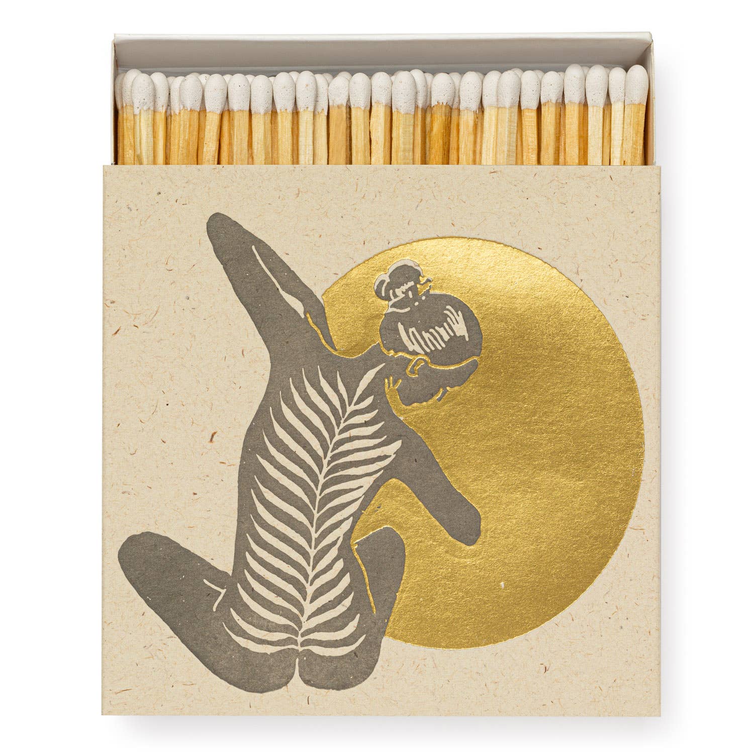 A square matchbox adorned with serene yoga poses.