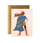 Super Mom greeting card featuring an illustrated mom in a cape and crown, paired with a gold envelope for a special touch.