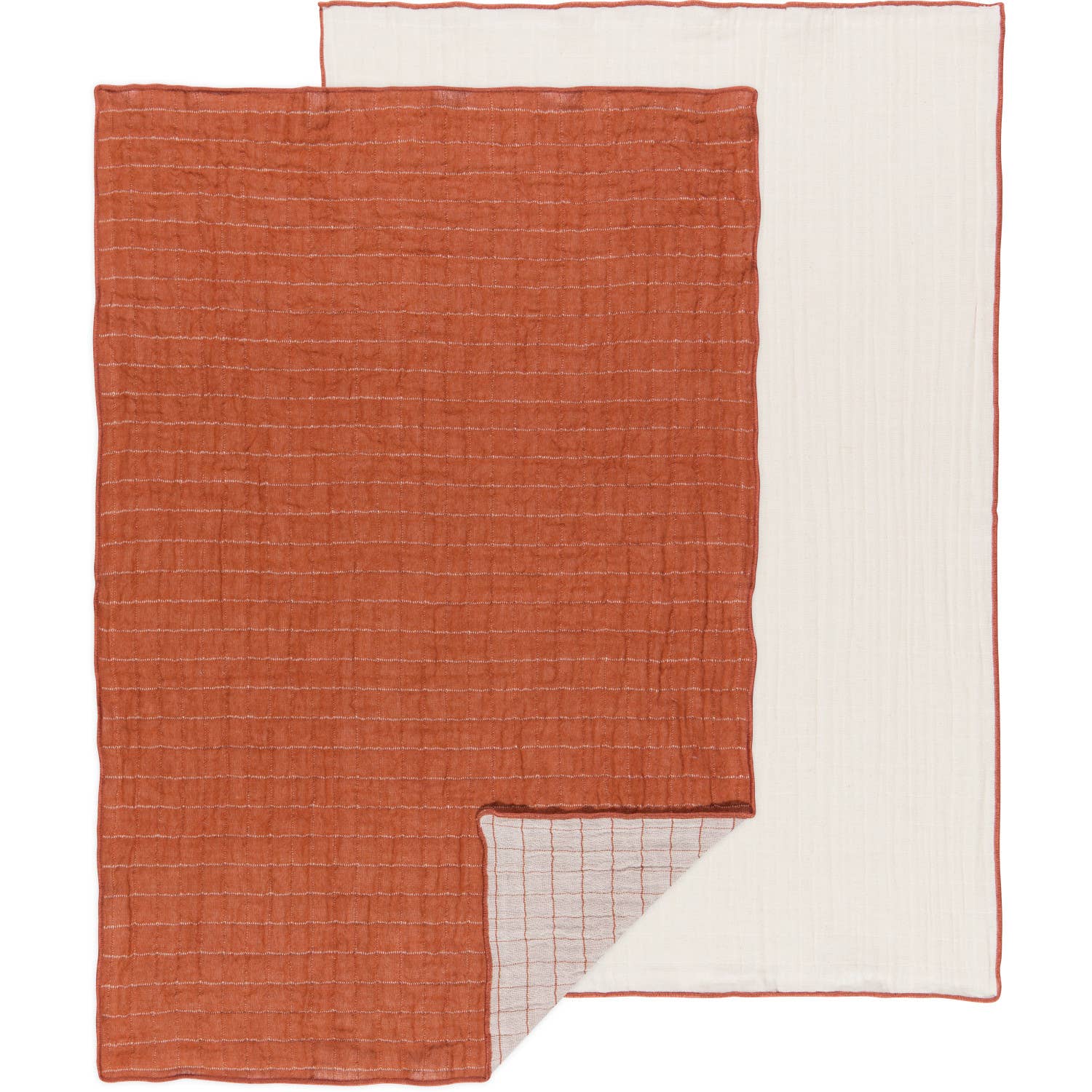 A double weave dishtowel in cinnamon color with a white border, displayed flat.