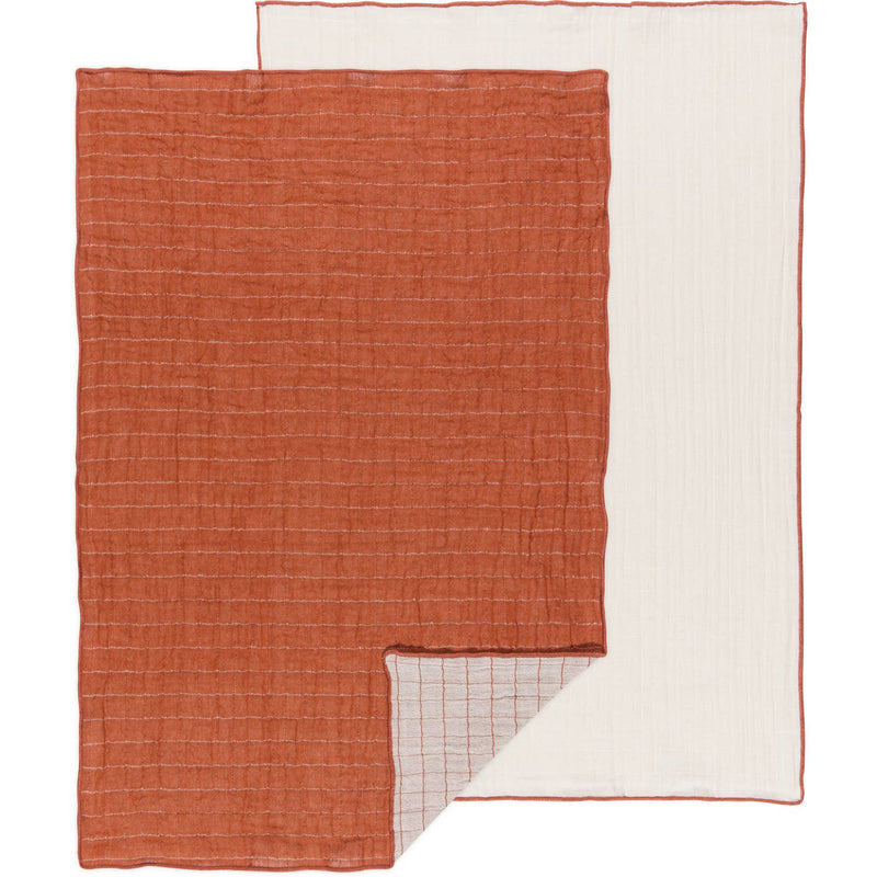 A double weave dishtowel in cinnamon color with a white border, displayed flat.