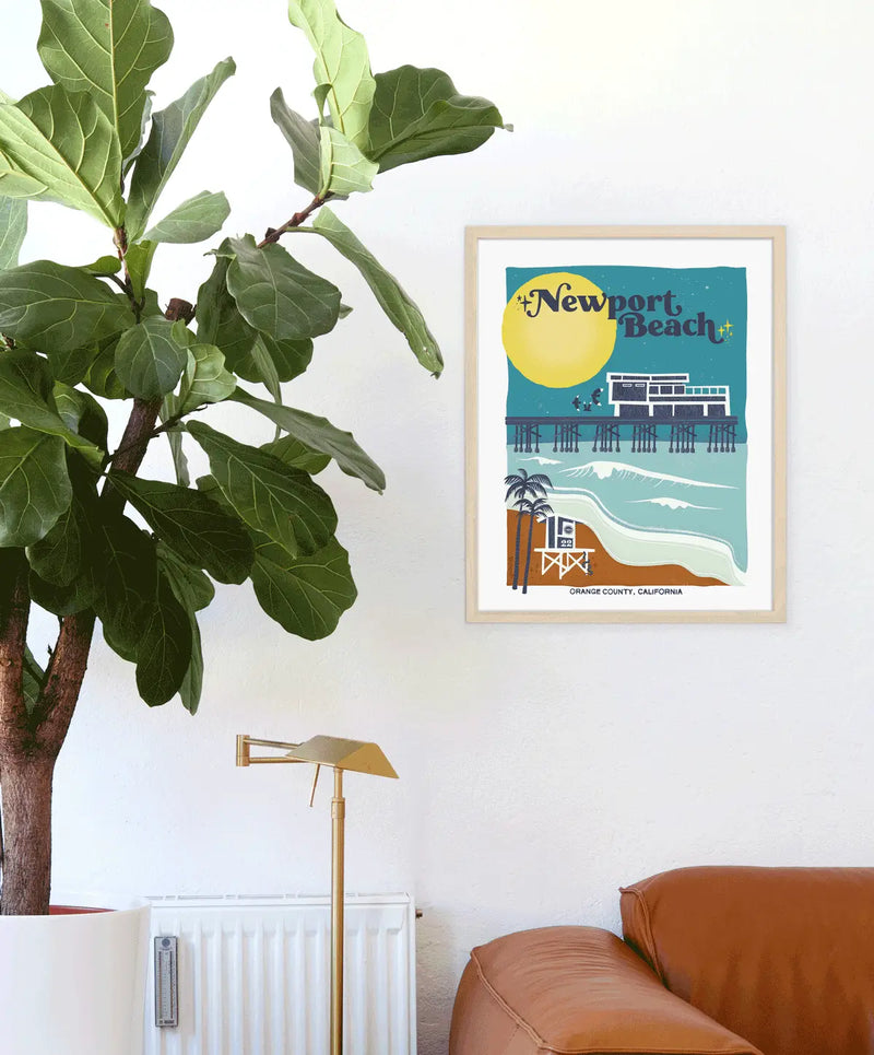Artistic print highlighting Newport Beach's elegant marinas, lively boardwalks, and iconic pier, embodying its coastal sophistication.