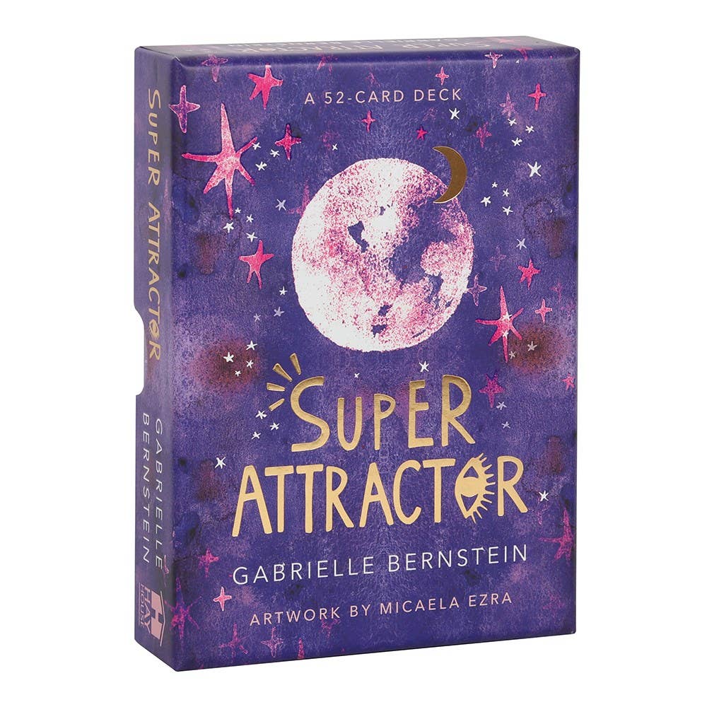 Super Attractor Oracle Card Deck by Gabrielle Bernstein featuring a purple box with stars and moon artwork.