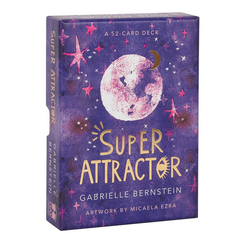 Super Attractor Oracle Card Deck by Gabrielle Bernstein featuring a purple box with stars and moon artwork.