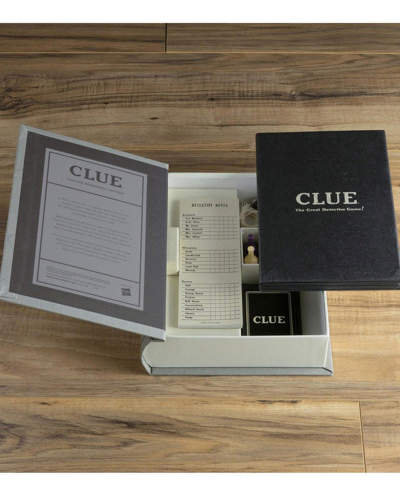 Clue Vintage Bookshelf Edition with a book-like packaging, game pieces, wooden weapons, detective notepads, and a foldable game board.
